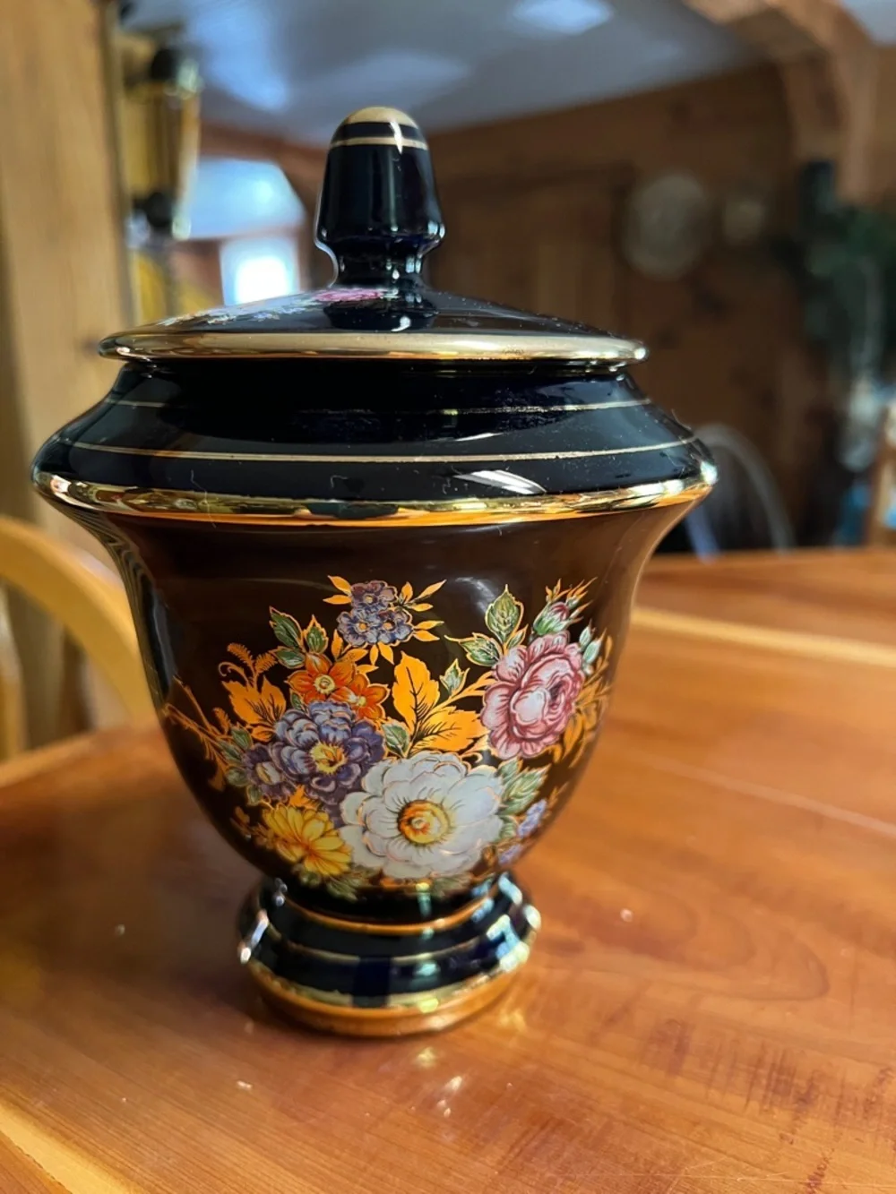 Vintage Black Floral Lidded Decorative Jar - Elegant Home Accent Greek 24k Gold